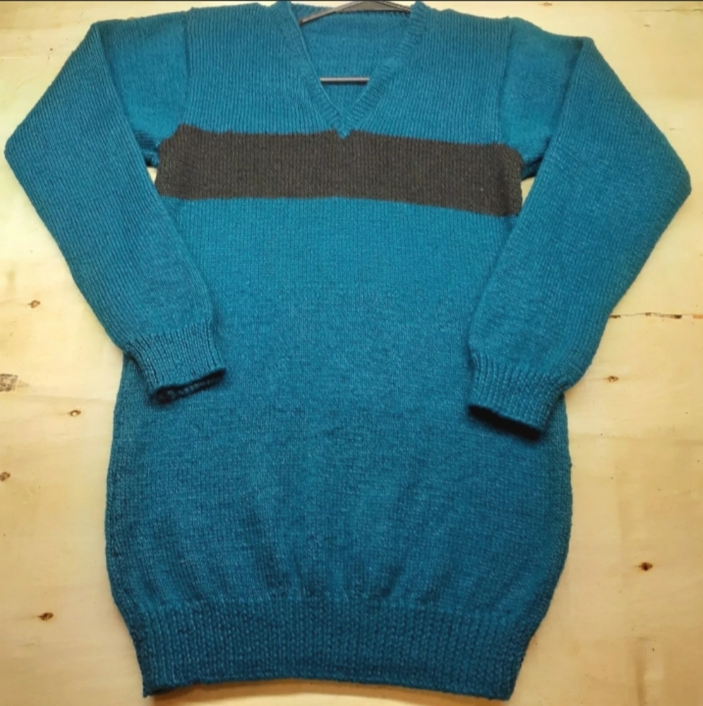 Womens Long Sleeve Knitted V-neck Sweater Dress Colbolt  Blue and Black Stripe